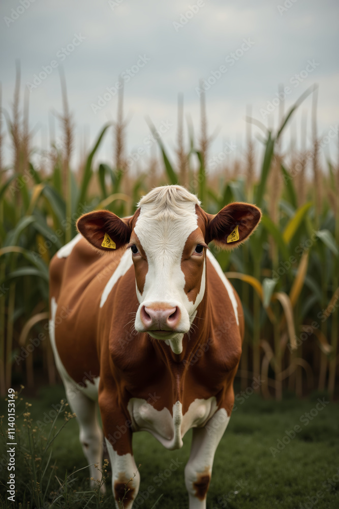 Sustainable agriculture practices highlighted by a healthy cow in a lush cornfield during early morning light Sustainable agriculture practices highlighted by a healthy cow in a lush cornfield during early morning light