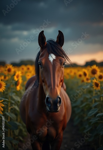 A brown horse gazes forward amidst tall sunflowers as the sun sets over a sustainable agricultural landscape.