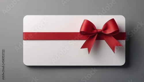 Elegant Blank Gift Card with Luxurious Red Ribbon Bow on White Background, Perfect for Birthdays, Holidays, Corporate Gifts, Special Occasions, Personalized Voucher Ideas, and Digital Gifting Concepts photo