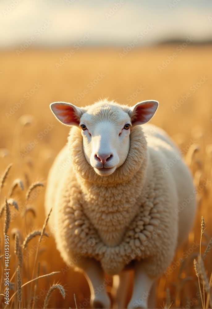 Sustainable agriculture practices featuring a sheep in a golden wheat field during late afternoon light Sustainable agriculture practices featuring a sheep in a golden wheat field during late afternoon light