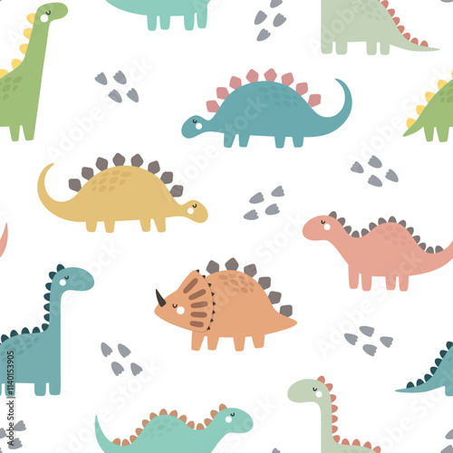 Cute dino pattern for kids, seamless vector background 
