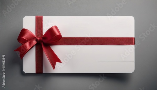 Elegant Blank Gift Card with Luxurious Red Ribbon Bow on White Background, Perfect for Birthdays, Holidays, Corporate Gifts, Special Occasions, Personalized Voucher Ideas, and Digital Gifting Concepts photo