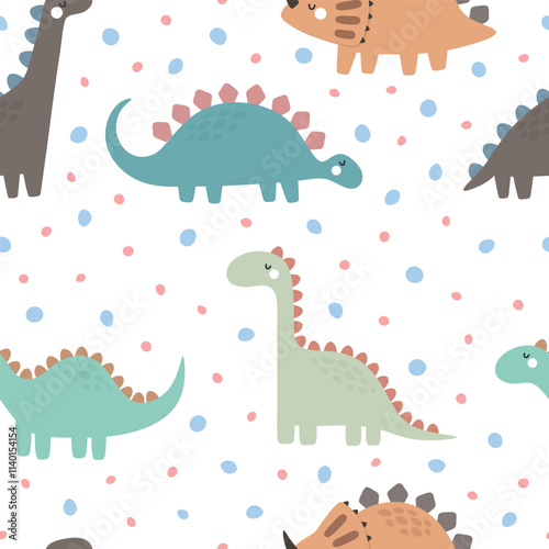 Cute dino pattern for kids, seamless vector background 