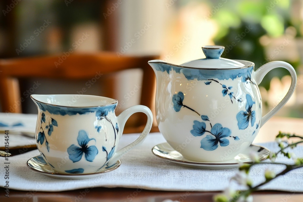 Floral teapot and creamer, elegant blue design. Floral teapot and creamer, elegant blue design.