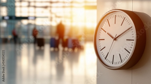 Large clock on the wall of a busy airport terminal, blurred travelers with luggage in the background.