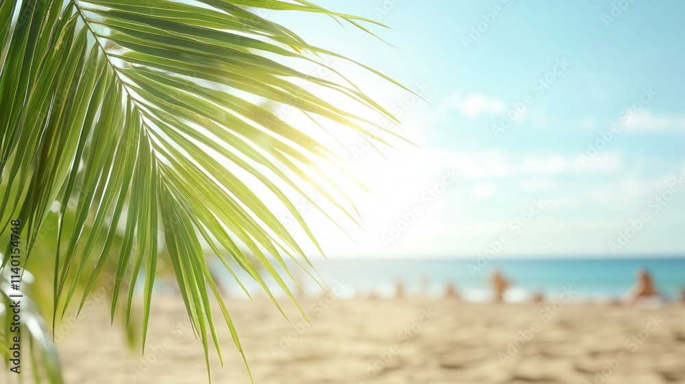 Fototapeta premium Beautiful summer background with palm leaves against the backdrop of a sandy sea beach under a blue sky. Copy space.