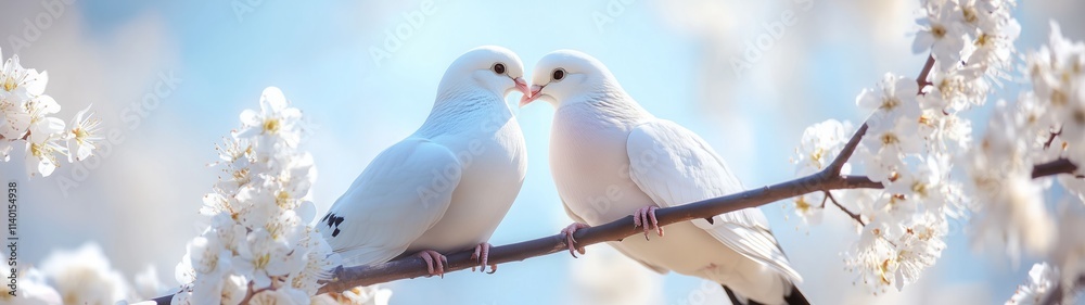 Fototapeta premium Two beautiful white doves opposite each other on a blossoming tree branch, springtime background.
