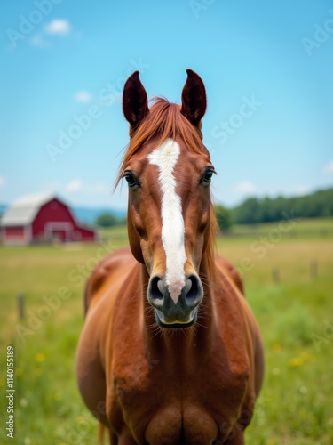 Brown horse stands in a vibrant green field with a red barn in the background under a clear blue sky during a sunny day