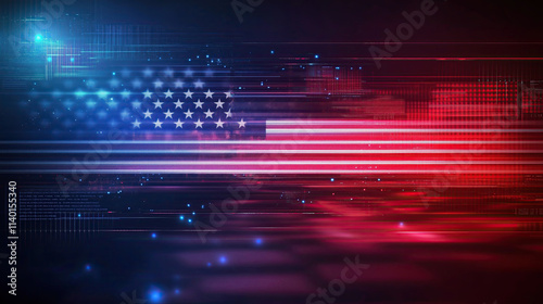 Futuristic neon American flag with glowing red, white, and blue lines on a dark background. Flag Day