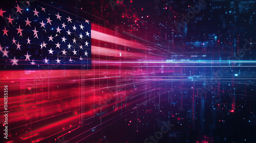 Futuristic neon American flag with glowing red, white, and blue lines on a dark background. Flag Day