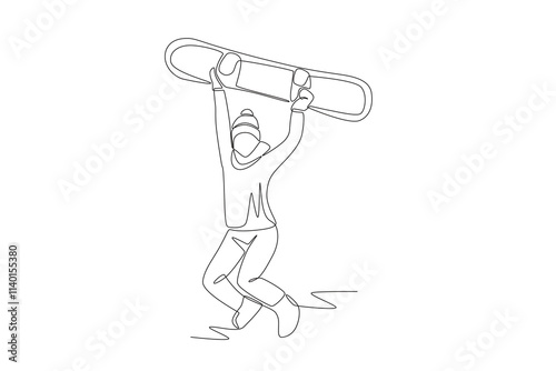 Woman jumping holding snowboard. Winter sport concept one-line drawing