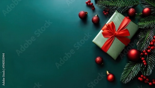 Elegant Red Gift Box with Festive Bow on Green Background Surrounded by Fir Branches and Red Ornaments. Perfect for Holiday Greeting Cards, Christmas Gift Promotions, and Seasonal Designs