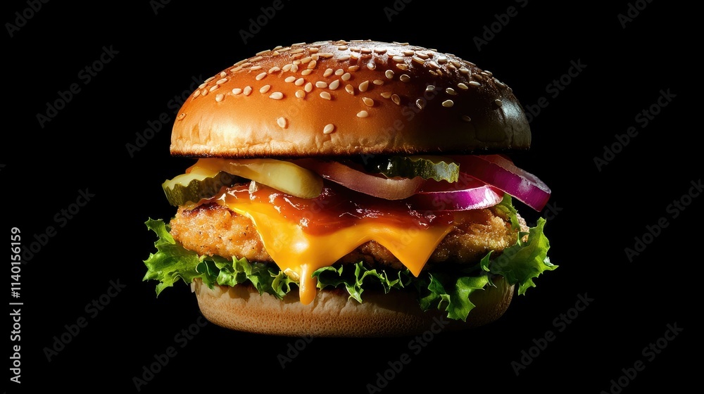 Juicy cheeseburger with lettuce, onion, pickles, and melted cheese on a sesame seed bun, isolated on black. Juicy cheeseburger with lettuce, onion, pickles, and melted cheese on a sesame seed bun, isolated on black.