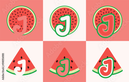 Letter J watermelon. This logo combines letters and watermelon fruit. Suitable for fruit shops, orchard, juice and the like.