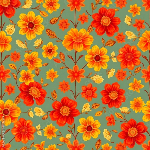 Autumnal Floral Delight: A seamless pattern of vibrant orange and yellow flowers on a muted green background evokes the warmth and beauty of autumn. Perfect for textile design, wallpaper, and more.