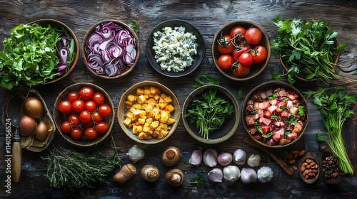 Overhead view of assorted fresh vegetables and herbs in bowls on rustic wooden surface.