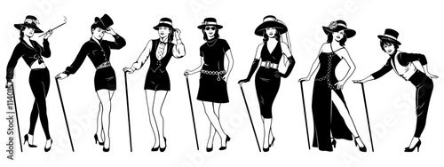 Glam Fashion Women in Hats Posing with Canes. Set of black and white vector cliparts isolated on white.