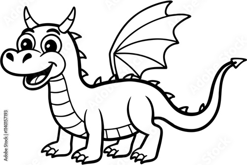 A black and white cartoon line art drawing of a dragon with wings