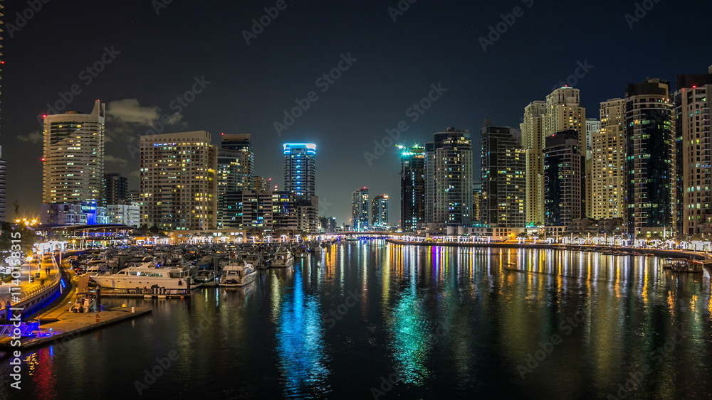 Dubai Marina towers and yachts in Dubai at night timelapse hyperlapse Dubai Marina towers and yachts in Dubai at night timelapse hyperlapse