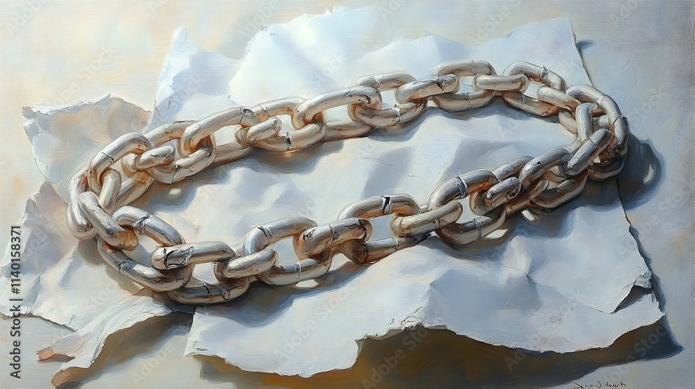 Obraz premium A silver chain rests on crumpled white paper, creating an evocative image of fragility and strength.