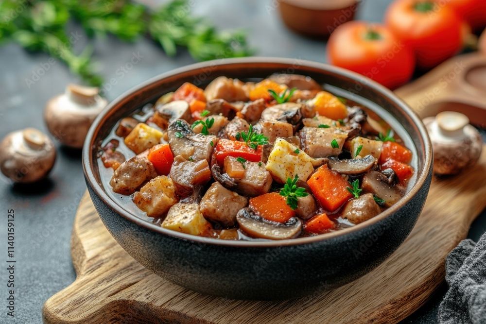 Hearty Chicken and Mushroom Stew in Rustic Bowl Hearty Chicken and Mushroom Stew in Rustic Bowl