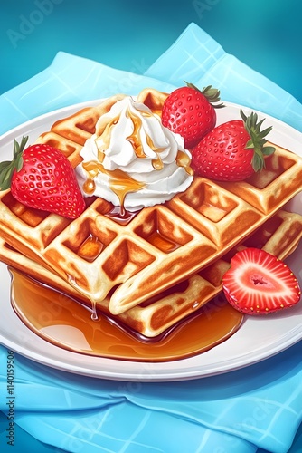 A delicious stack of waffles topped with whipped cream, strawberries, and syrup.