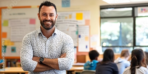 Australian male teacher standing proudly in a classroom engaging with students