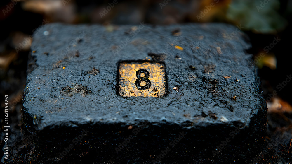 A weathered block with the number 8 displayed. A weathered block with the number 8 displayed.