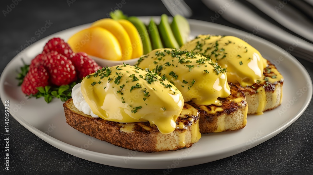 A delicious plate of eggs benedict with fruit on the side. A delicious plate of eggs benedict with fruit on the side.