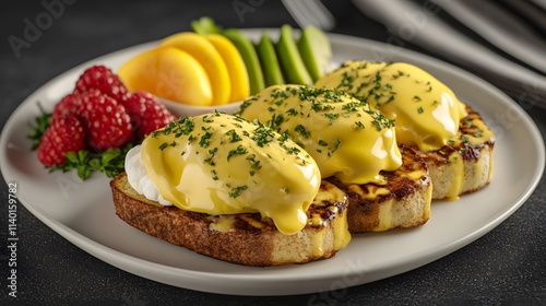 A delicious plate of eggs benedict with fruit on the side.