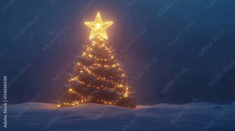Christmas Tree with Gold Star and Twinkling Lights in Snow Christmas Tree with Gold Star and Twinkling Lights in Snow