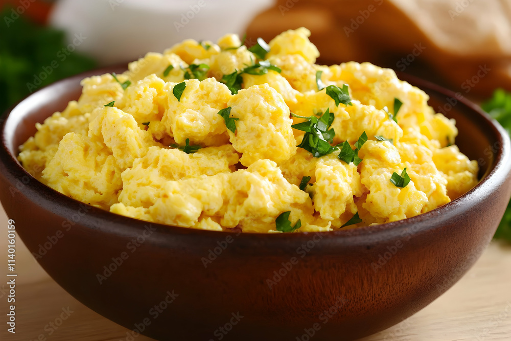 Delicious and fluffy scrambled eggs, freshly made and garnished with parsley, served in a rustic wooden bowl. Perfect for breakfast or brunch. Delicious and fluffy scrambled eggs, freshly made and garnished with parsley, served in a rustic wooden bowl. Perfect for breakfast or brunch.