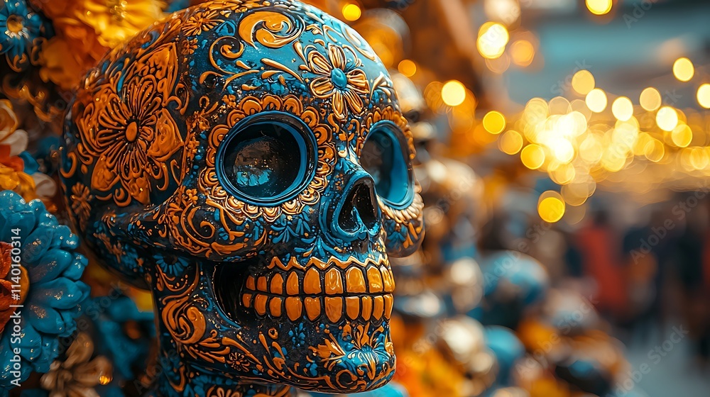 Fototapeta premium Close-up of a Day of the Dead sugar skull decorated with intricate designs and colorful patterns, honoring the memory of the departed 