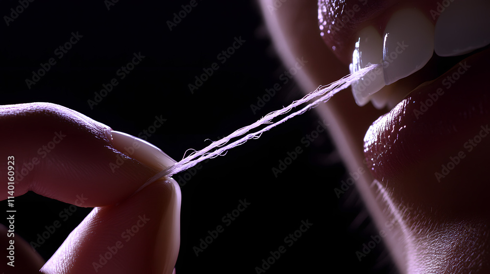 Close-up of dental floss being used to clean teeth, emphasizing personal hygiene and oral health care routine. Close-up of dental floss being used to clean teeth, emphasizing personal hygiene and oral health care routine.