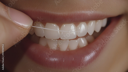 Close-up of dental floss being used to clean teeth, emphasizing personal hygiene and oral health care routine.