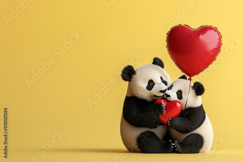 AI Image. Two pandas in love with heart shaped balloons on a yellow banner