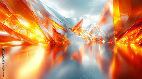 Abstract orange and silver crystals reflecting in a glossy surface.