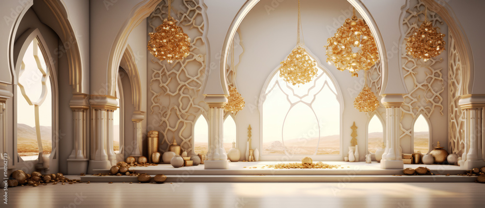 Fototapeta premium generated Illustration mosque element in ornate arabic, Islamic architecture style interior.
