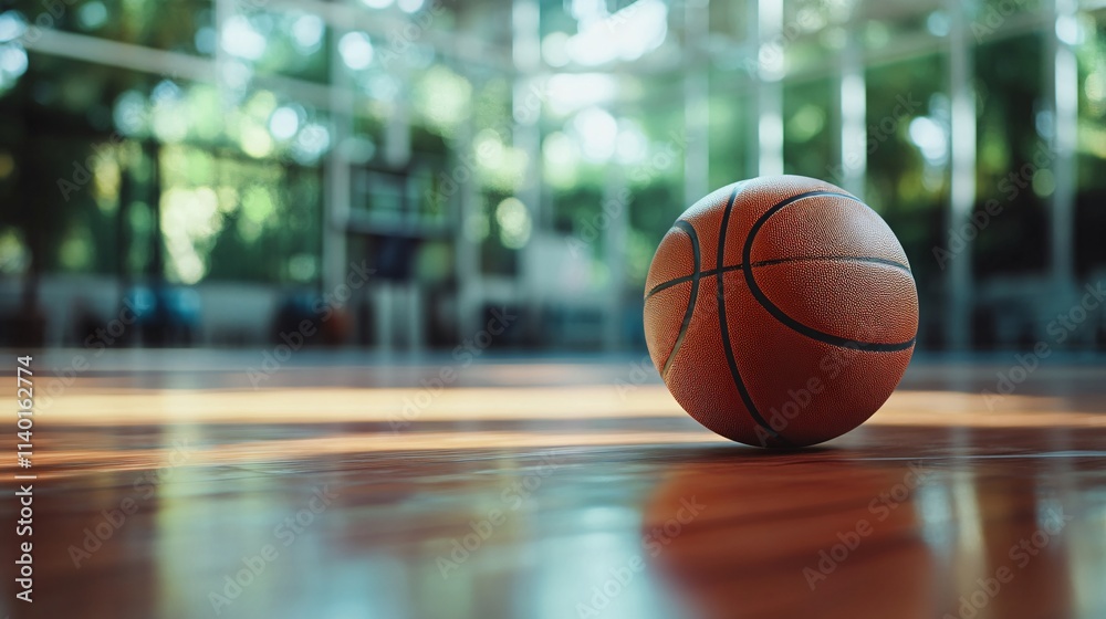 Basketball resting on polished wooden court in sunlit gymnasium Basketball resting on polished wooden court in sunlit gymnasium