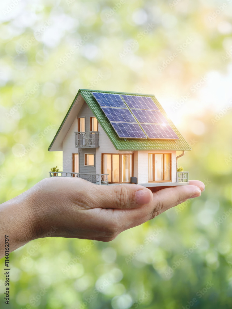 A hand holding a miniature house with solar panels on the roof.. A hand holding a miniature house with solar panels on the roof..