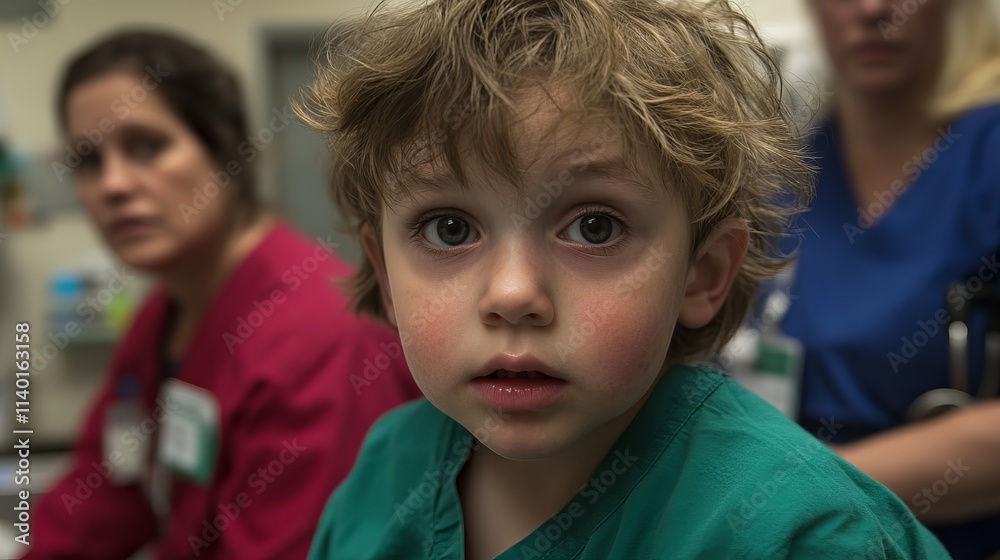 Young boy in a hospital gown looks at the camera with a serious expression. Young boy in a hospital gown looks at the camera with a serious expression.