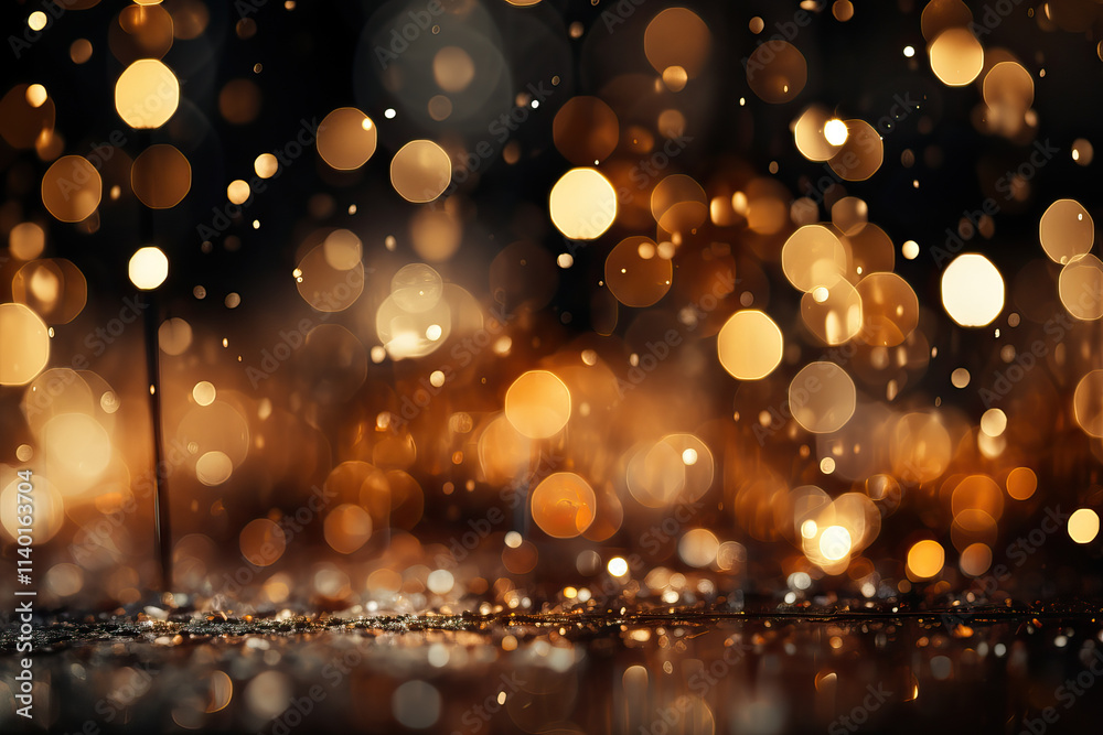 Abstract background with shimmering golden bokeh lights against a dark backdrop. A reflective surface captures the light, creating a magical and festive atmosphere. Abstract background with shimmering golden bokeh lights against a dark backdrop. A reflective surface captures the light, creating a magical and festive atmosphere.