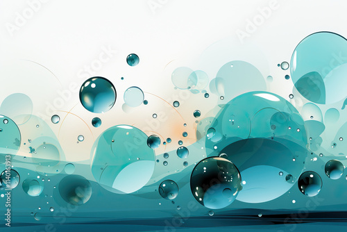 An abstract image featuring various sizes of teal bubbles floating against a light background. The translucent orbs create a sense of depth and movement, resembling a dreamy underwater scene.