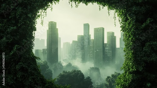 Surreal image of a city skyline made entirely of green plants and vines, ecofuturistic urban design photo