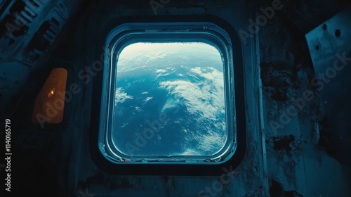 Fototapeta Naklejka Na Ścianę i Meble -  cosmic view through a spaceship window, Earth in the distance, sharp and vivid textures, futuristic lighting, serene and reflective atmosphere, detailed composition