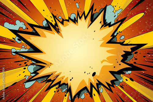 A vibrant explosion bursts forth in a comic book style, with dynamic radiating lines and billowing smoke clouds adding. The bright colors and bold outlines create a powerful visual impact.