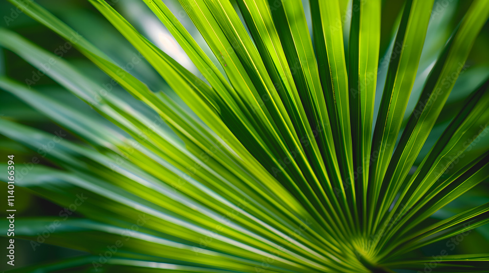 Fototapeta premium Une large feuille de palmier verte avec des nervures visibles.