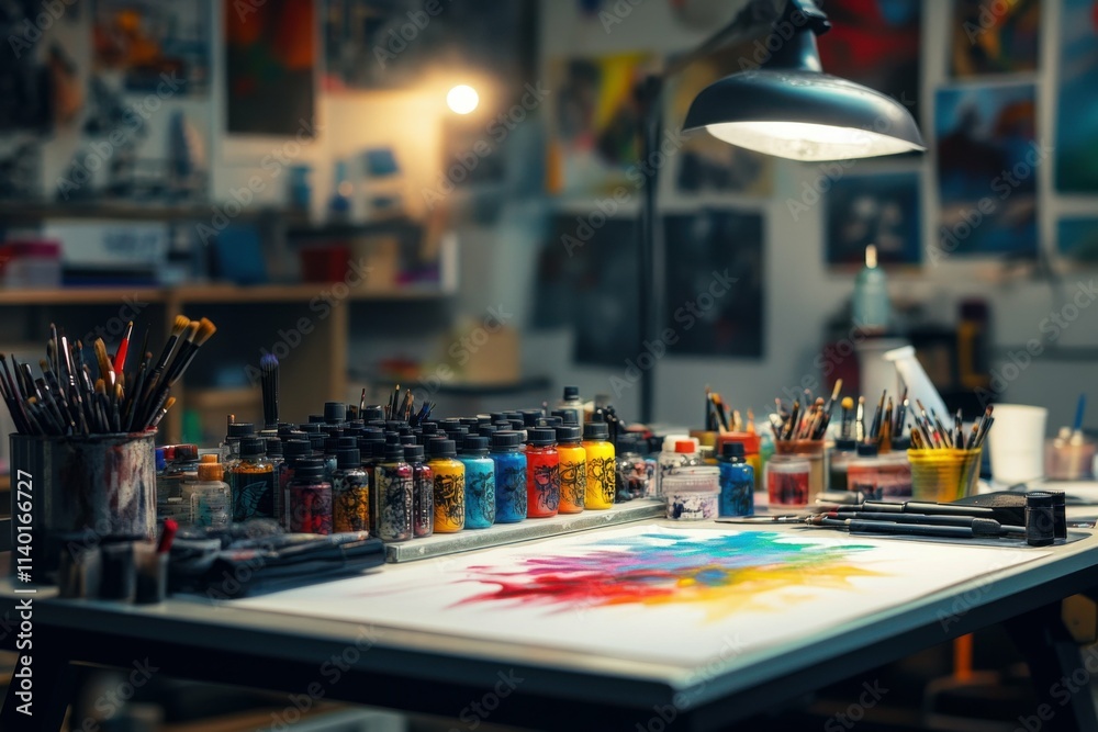 Detailed view of vibrant tattoo inks on table, professional tools and modern artistic studio setup with focused lighting Detailed view of vibrant tattoo inks on table, professional tools and modern artistic studio setup with focused lighting