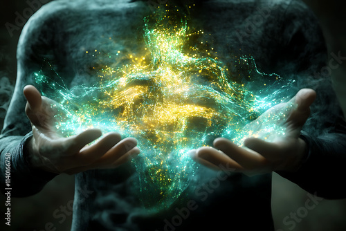 Hand clutching a glowing blue orb, a cosmic dance of light and energy against a dark, ethereal backdrop