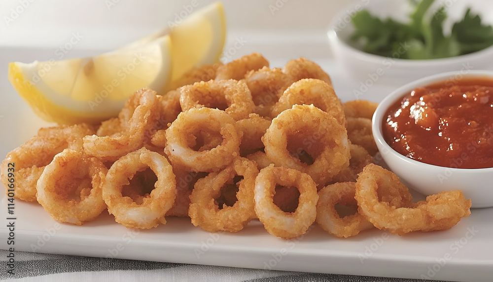 Crispy fried calamari rings served with marinara sauce and lemon wedges, a delicious seafood appetizer or snack. Crispy fried calamari rings served with marinara sauce and lemon wedges, a delicious seafood appetizer or snack.